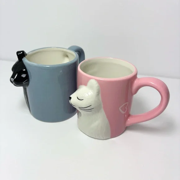 Kiss Cat Coffee Couple Mug Set, Unique Funny Tea Ceramic Cup Set